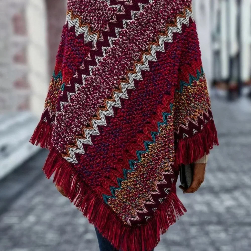 Chevron Fringe Hem Poncho Sweater multi color - Picture 4 of 7